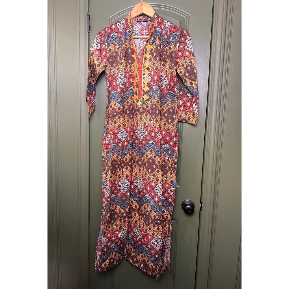 NWT Ro's Garden Clorinda Long Kurta Kaftan Resort Coverup Dress Lachen Brown XS